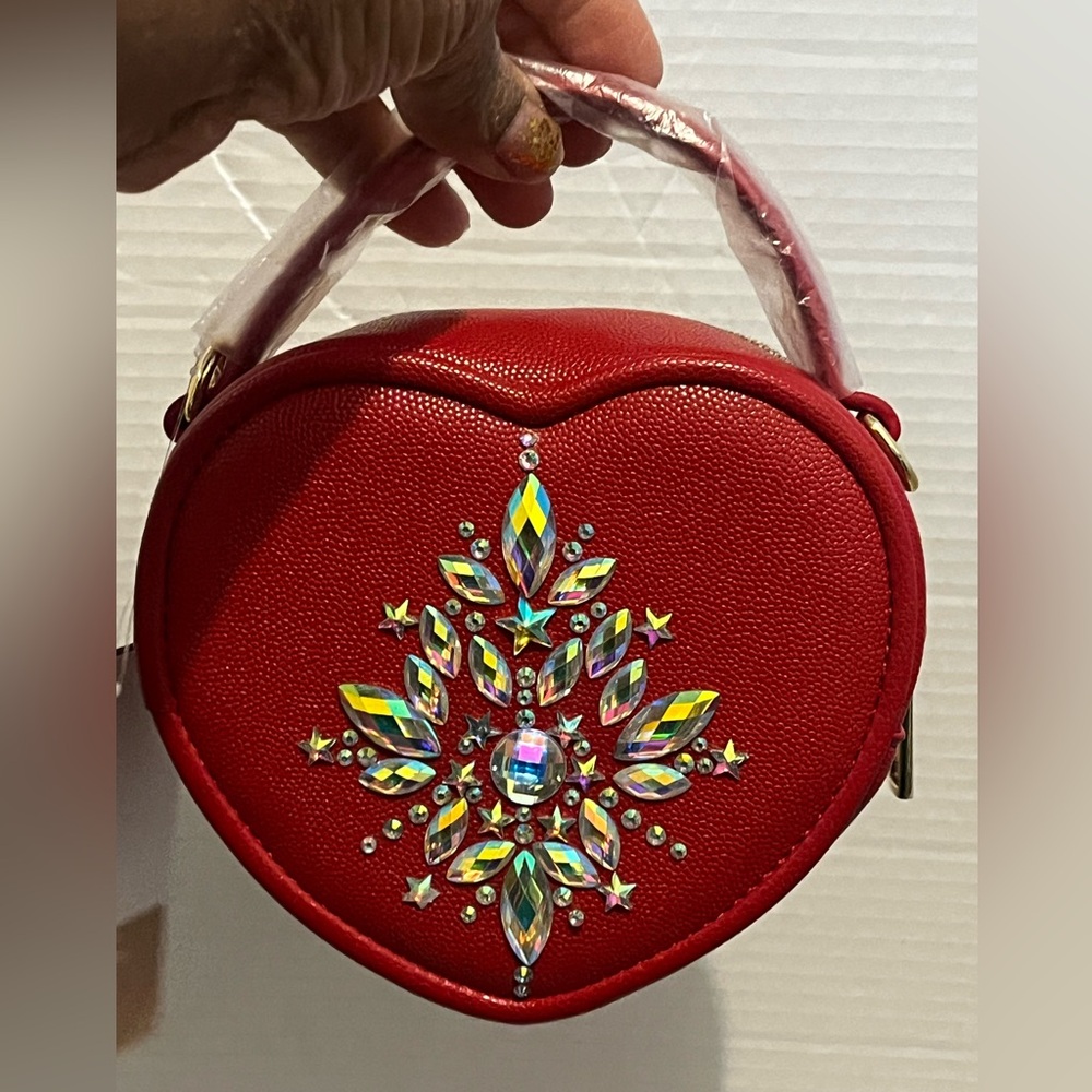 Red Heart-Shaped Bag with Crystal Embellishments Hand Crafted - Picture 5 of 8